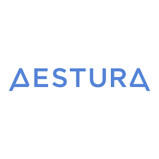Logo of the brand 'Aestura' with a blue geometric design on a white background