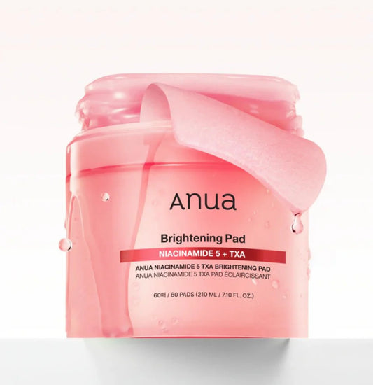 Anua Niacinamide 5 TXA Brightening Pad jar, showcasing the product for dull skin and uneven texture.