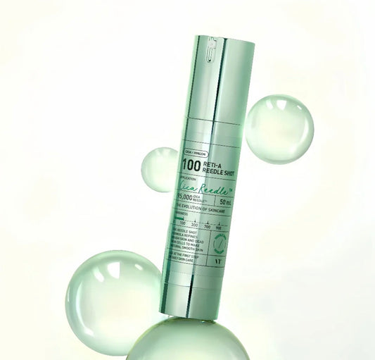 Close-up of VT Reedle Shot 100 Reti-A serum bottle design