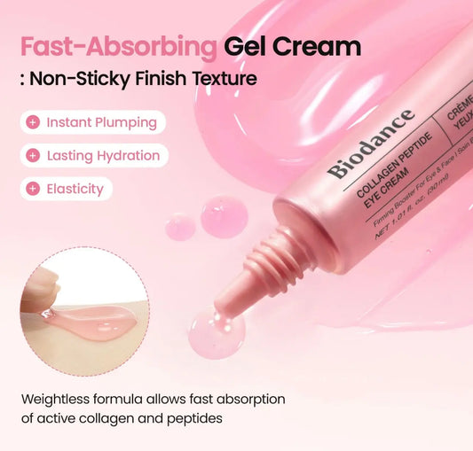 Close-up swatch of Biodance peptide collagen eye cream showing its rich, fast-absorbing texture