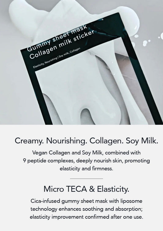 Back side of Abib gummy sheet mask collagen milk sticker showing ingredients and how to use.