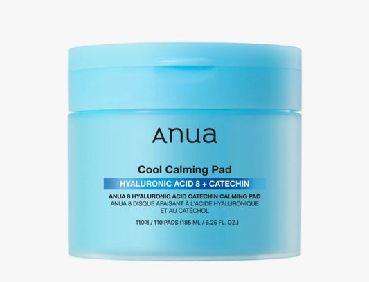 Full unboxing of Anua Cool Calming Pad Hyaluronic Acid 8 + Catechin with container open.