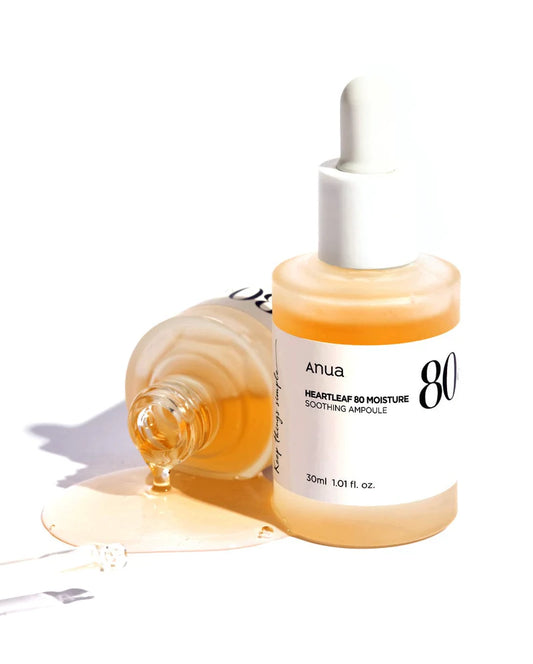 Packaging of the Anua Heartleaf 80 ampoule, highlighting the 80% Houttuynia Cordata extract formula.