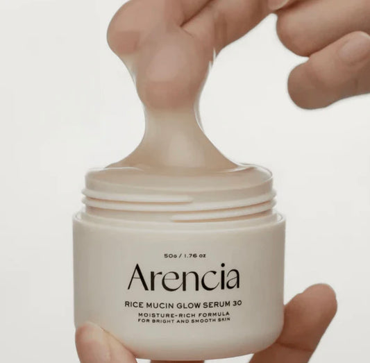 Back label of Arencia Rice Mucin Glow Serum 30 showing full ingredient list and directions for overnight use.