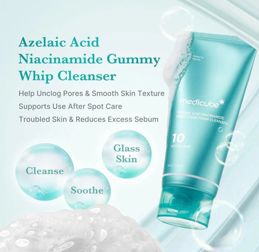 Azelaic acid niacinamide deep clean cleanser showing blue bubble gum-like texture
