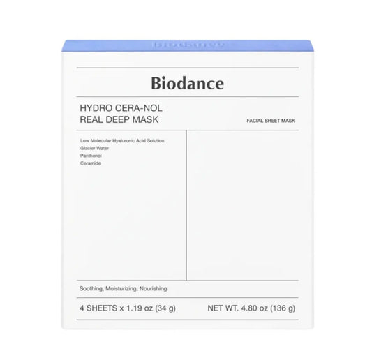 Woman wearing the Biodance Hydro Cera-nol Real Deep Mask to soothe dry and irritated skin overnight.