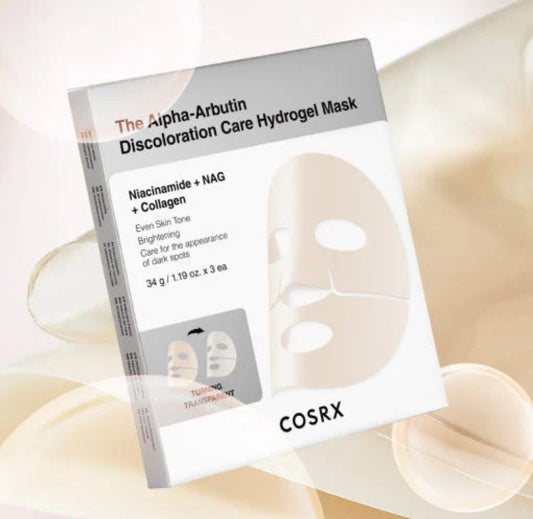 Cosrx The Alpha Arbutin Care Hydrogel Mask box set of three showing the clean minimalist packaging design.