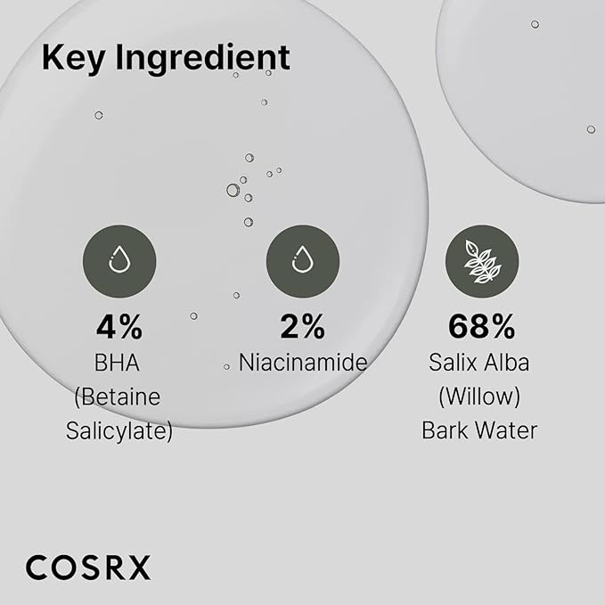 Ingredient & label close-up of COSRX BHA Blackhead Power Liquid — shows BHA + niacinamide details. Ingredient & label close-up of COSRX BHA Blackhead Power Liquid — shows BHA + niacinamide details.