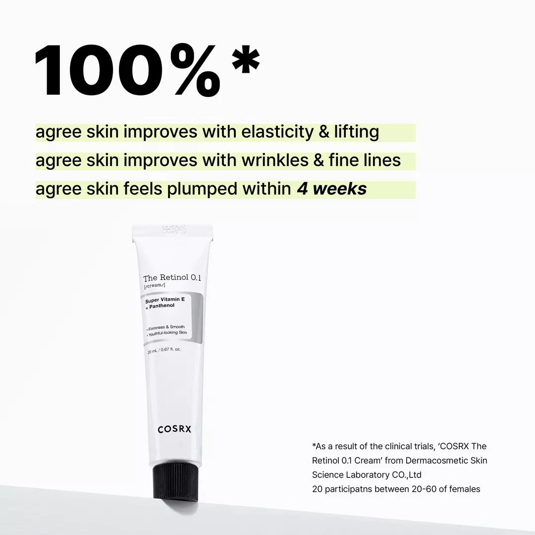 Close-up of COSRX The Retinol 0.1 Cream tube and cap — product size 20ml visible. Close-up of COSRX The Retinol 0.1 Cream tube and cap — product size 20ml visible.