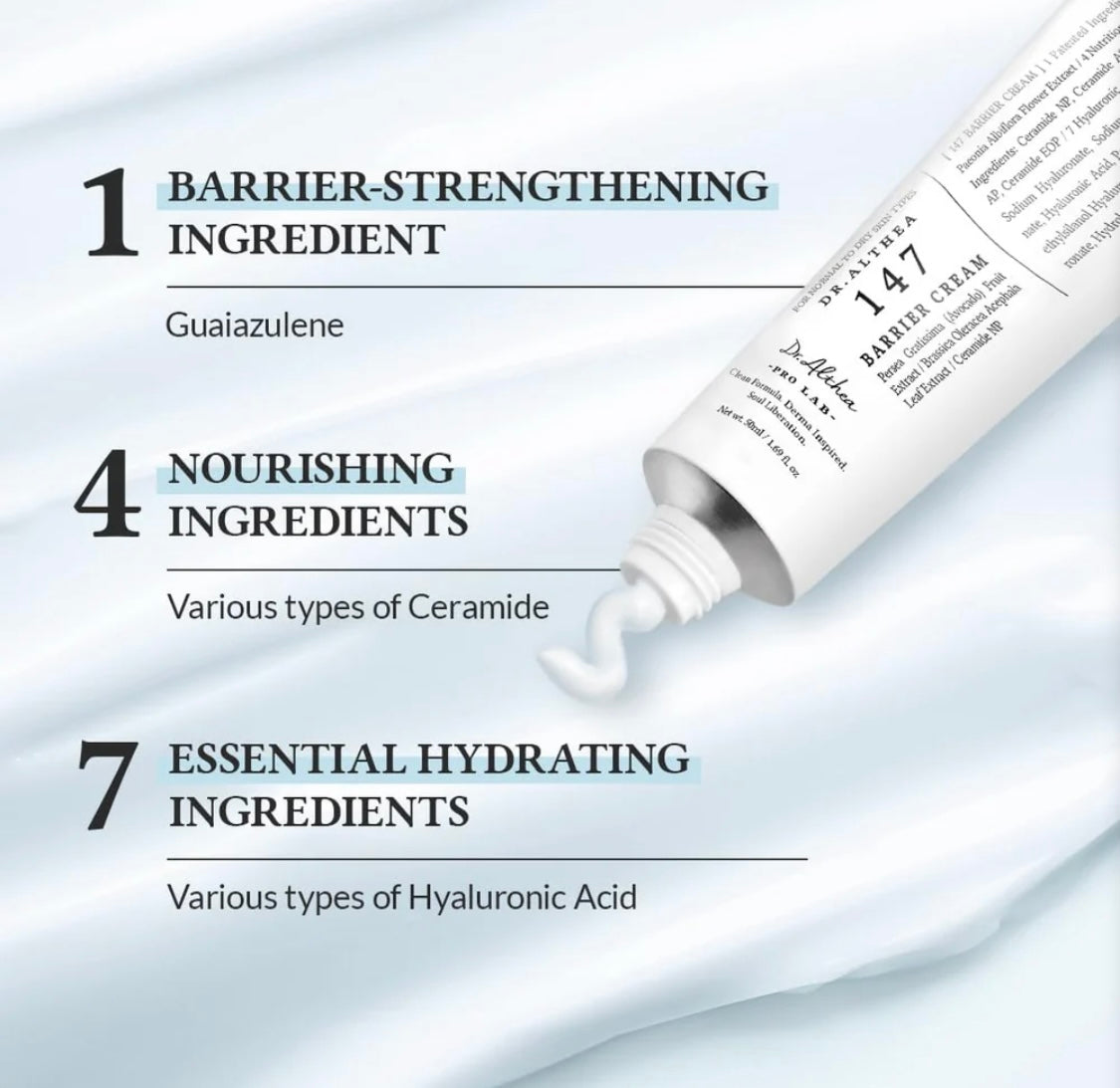 Back label of Dr. Althea 147 Barrier Cream with ingredients and instructions. Back label of Dr. Althea 147 Barrier Cream with ingredients and instructions.