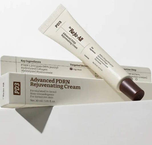 Dr. Reju All Advanced PDRN Rejuvenating Cream 20ml tube displayed on a clean vanity surface for nighttime skincare renewal.