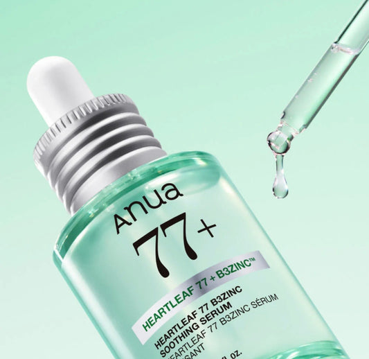 Back of Anua Heartleaf 77 B3Zinc Soothing Serum bottle showing full ingredient list and directions