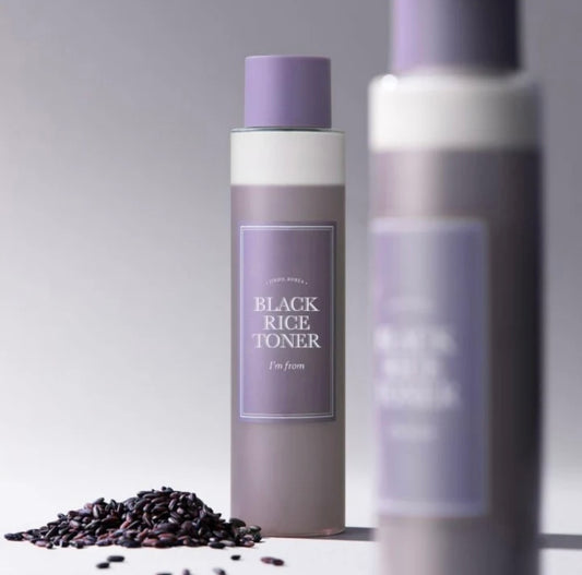 I'm From Black Rice Toner 150ml bottle, showcasing the elegant packaging with black rice grains visible inside.