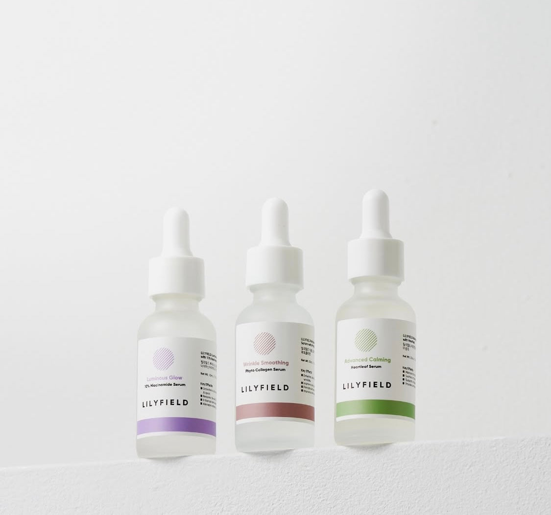 Front view of Lilyfield Trio luminous glow wrinkle smoothing and advanced calming serums Front view of Lilyfield Trio luminous glow wrinkle smoothing and advanced calming serums