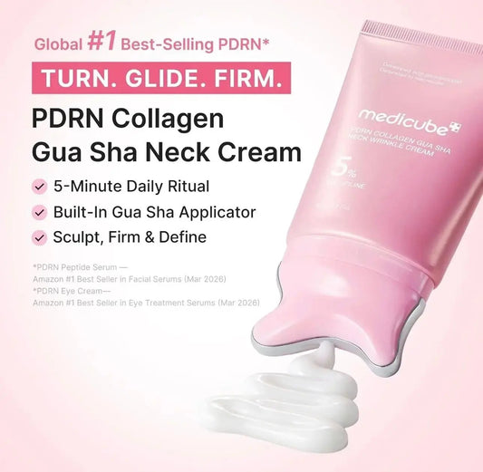Close up of Medicube PDRN Collagen Gua Sha neck wrinkle cream jar with built-in massage applicator.