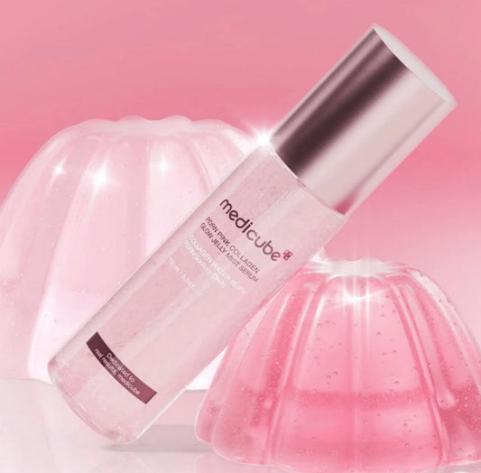 Front view of Medicube PDRN Pink Collagen Glow Jelly Mist Serum bottle.
