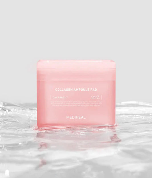 Mediheal Collagen Ampoule Pad box featuring 100 square pads with CollagenFactor complex for skin firming.