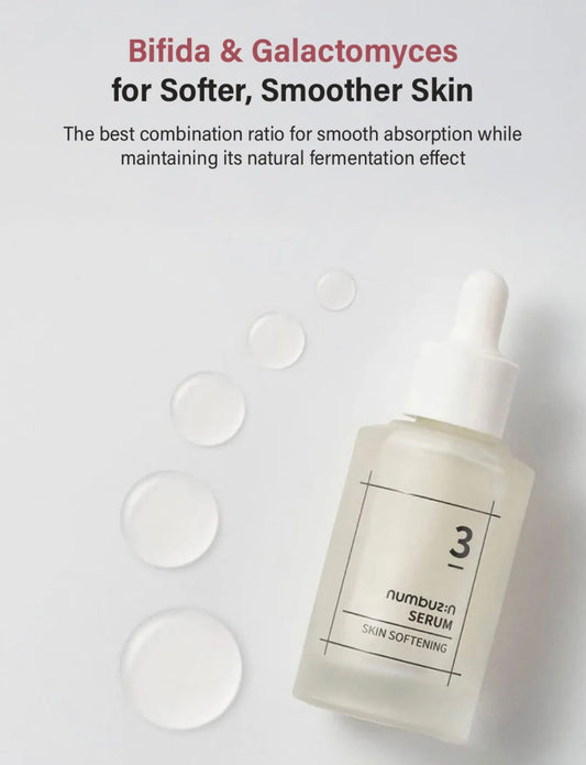 Back label of Numbuzin No. 3 skin serum showing ingredients and directions for the no 3 skin softening formula