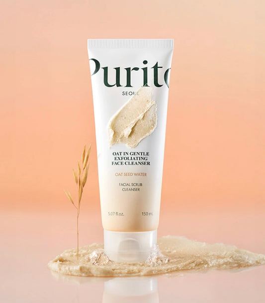 Purito Oat-in Gentle Exfoliating Face Cleanser 150ml bottle on white background, creamy label with oat illustration.
