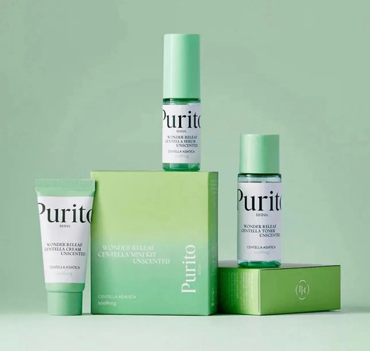 PURITO Seoul Wonder Releaf Centella Mini Kit Unscented — travel skincare set with toner, serum and cream for sensitive skin