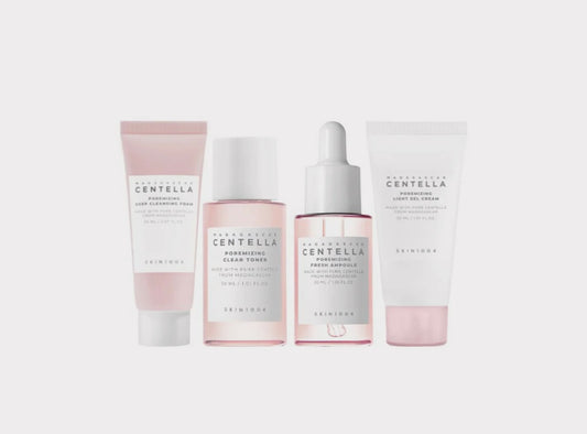 Complete Skin1004 Madagascar Centella Poremizing Travel Kit with toner, ampoule, gel cream, and foam cleanser.