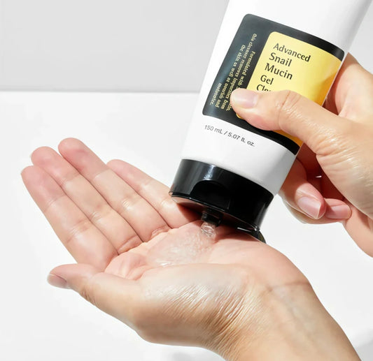 Stretchy texture of advanced snail mucin gel cleanser by COSRX gliding on skin