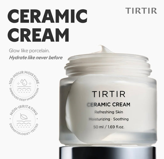 Official box packaging of TIRTIR Ceramic Cream, a premium ceramic cream for skin barrier repair.