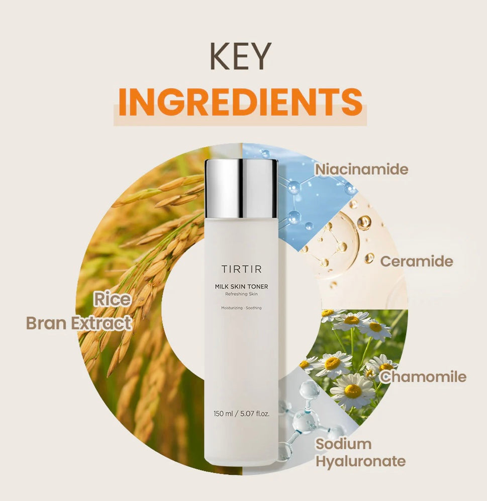 Ingredients and product info on the back of TIRTIR Milk Skin Toner bottle Ingredients and product info on the back of TIRTIR Milk Skin Toner bottle