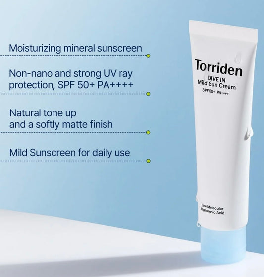 Back label of Torriden Dive In Mild Suncream SPF50+ PA++++ showing full ingredient list and usage instructions.