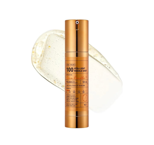 Close-up of using the dropper to apply the Light Reedle Shot 100 serum onto skin.