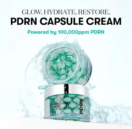 Open jar of VT Cosmetics PDRN Capsule Cream 100 showing creamy texture