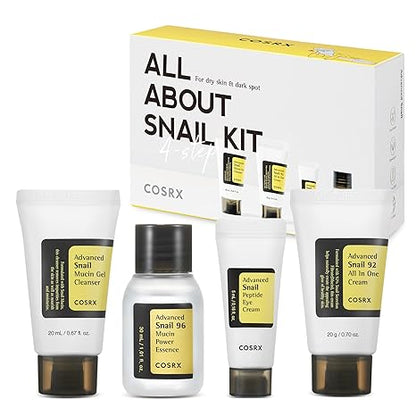 COSRX All About Snail Korean Skincare, Travel Size, Gift Set with Face Gel Cleanser, Essence, Cream &amp; Eye-cream, Repairing, Recovering, Rejuvenating Kit with Snail Mucin