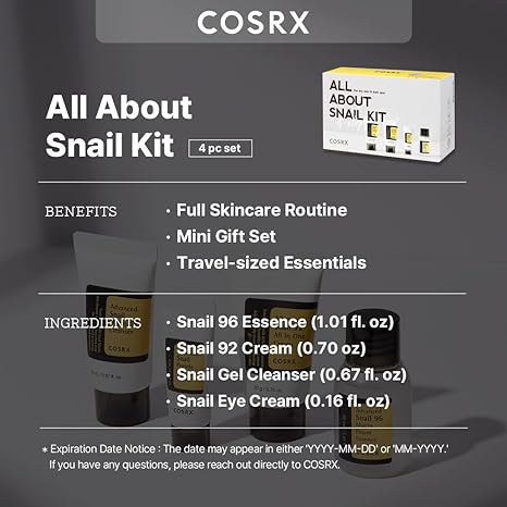 COSRX All About Snail Korean Skincare, Travel Size, Gift Set with Face Gel Cleanser, Essence, Cream &amp; Eye-cream, Repairing, Recovering, Rejuvenating Kit with Snail Mucin