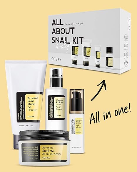 COSRX All About Snail Korean Skincare, Travel Size, Gift Set with Face Gel Cleanser, Essence, Cream &amp; Eye-cream, Repairing, Recovering, Rejuvenating Kit with Snail Mucin