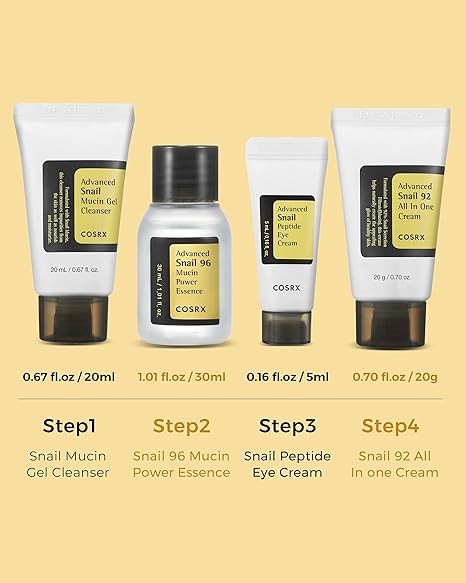 COSRX All About Snail Korean Skincare, Travel Size, Gift Set with Face Gel Cleanser, Essence, Cream &amp; Eye-cream, Repairing, Recovering, Rejuvenating Kit with Snail Mucin