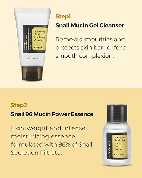 COSRX All About Snail Korean Skincare, Travel Size, Gift Set with Face Gel Cleanser, Essence, Cream &amp; Eye-cream, Repairing, Recovering, Rejuvenating Kit with Snail Mucin