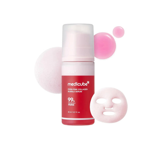Applying the Medicube Pink Collagen Bubble Serum for deep hydration.