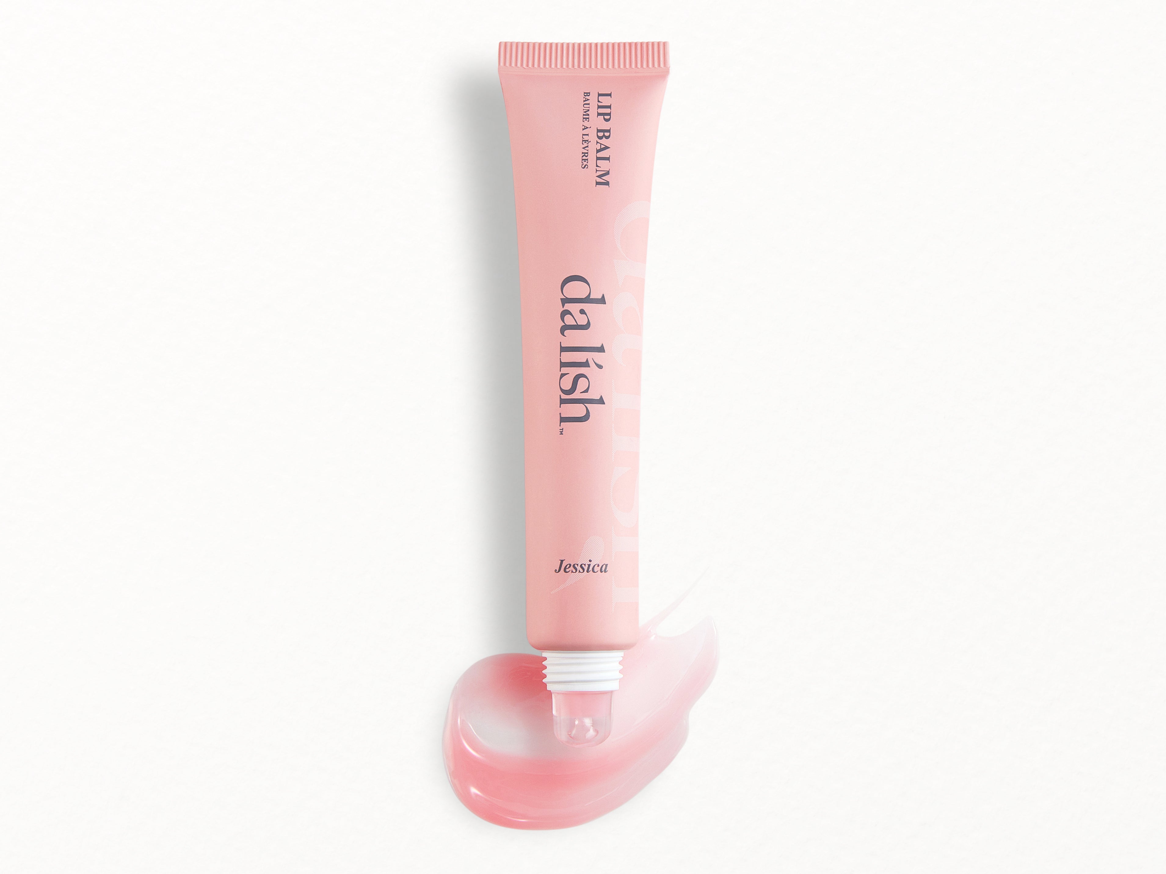 Pink lip balm tube with 'dalish' branding on a white background