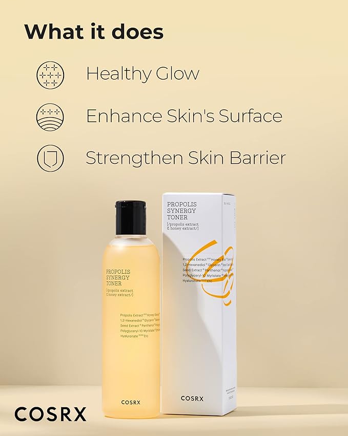 COSRX toner bottle and packaging on a beige background with product benefits listed.