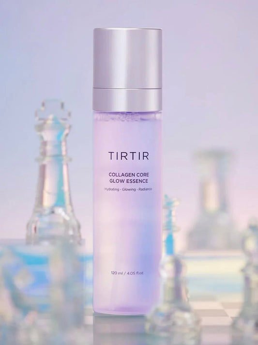 Close-up of Tirtir Collagen Glow Essence misting on skin.