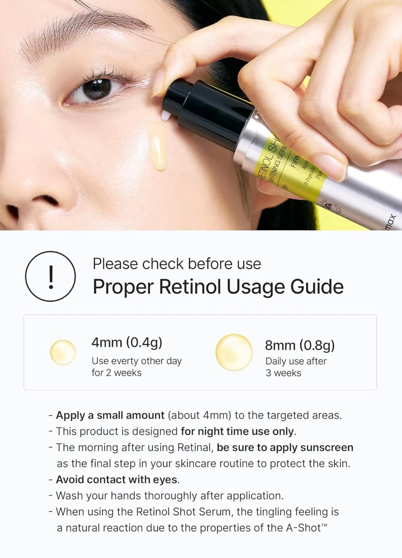 Dispensing a drop of Vita A Retinal serum for tightening