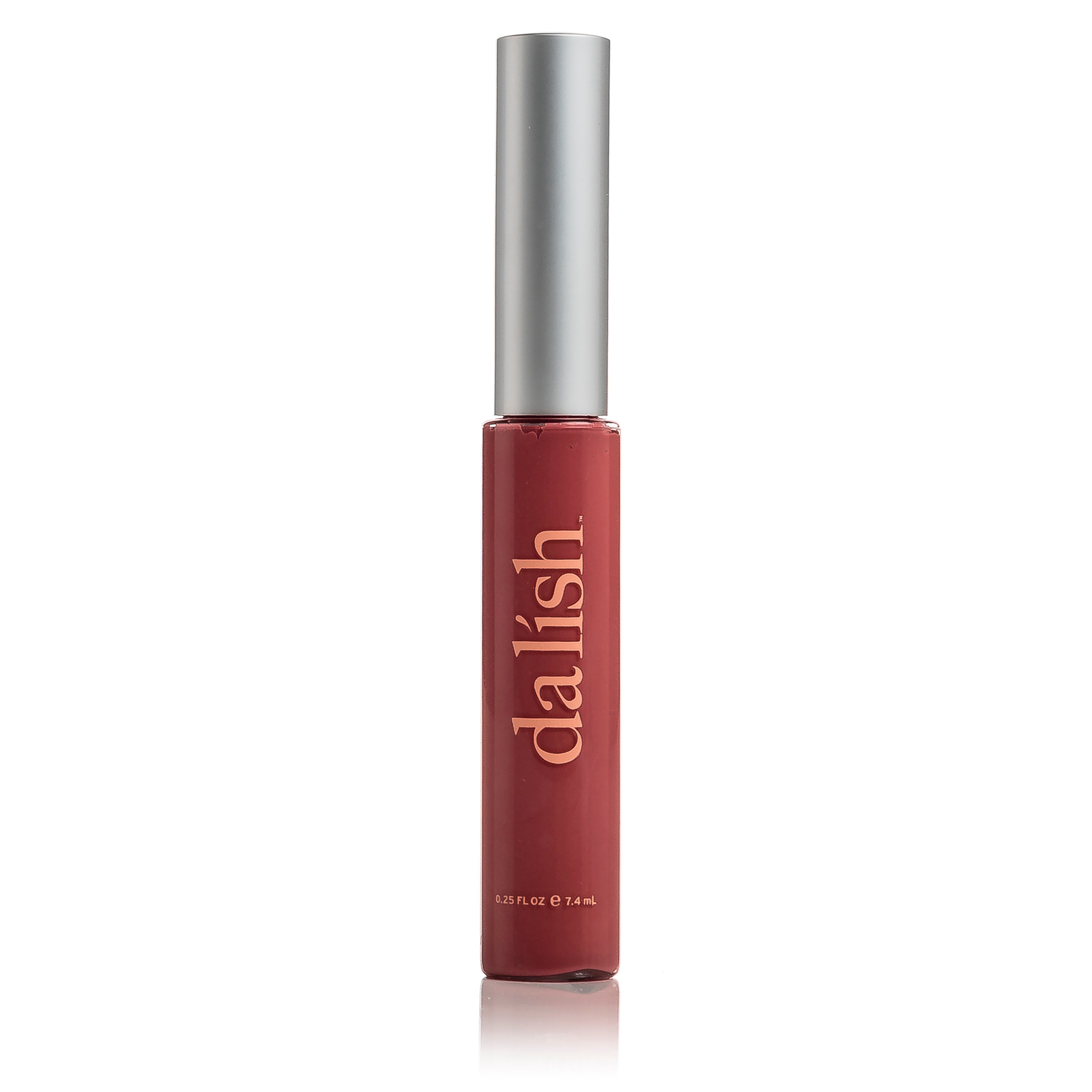 Lip gloss with silver cap and red body on a white background