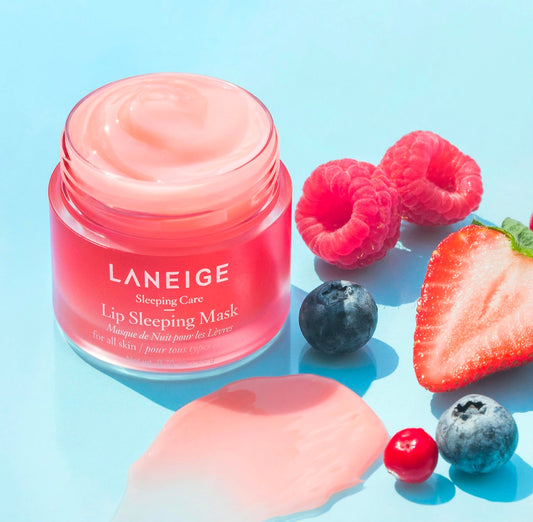 Laneige Lip Sleeping Mask Berry jar, 20g, on a pink background.