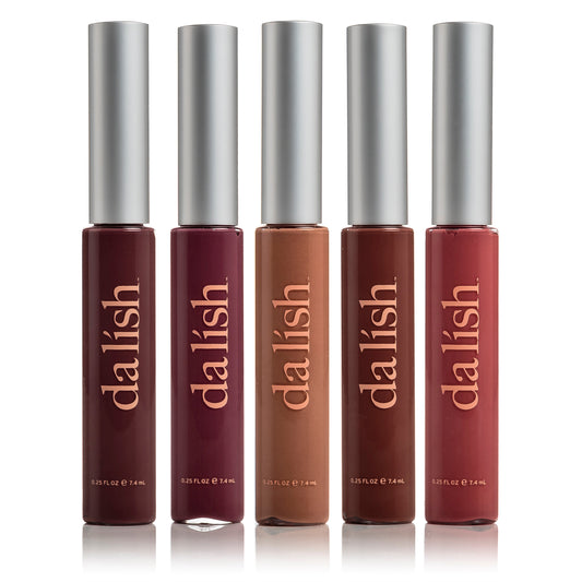 Five lip glosses from the brand 'dalish' on a white background