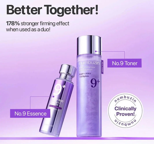Numbuzin No.9 NAD+ PDRN Glow Boosting Toner bottle, 150ml pearlescent purple toner infused with NAD+ and Salmon PDRN.