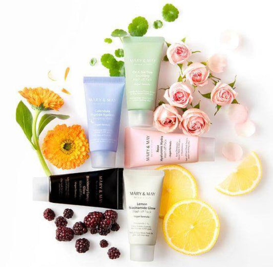 Open box revealing all five mini jars of the Mary & May vegan mask set