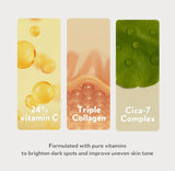 Visual showing the benefits of Pure Vitamin C24: reducing dark spots, wrinkles, and dullness.