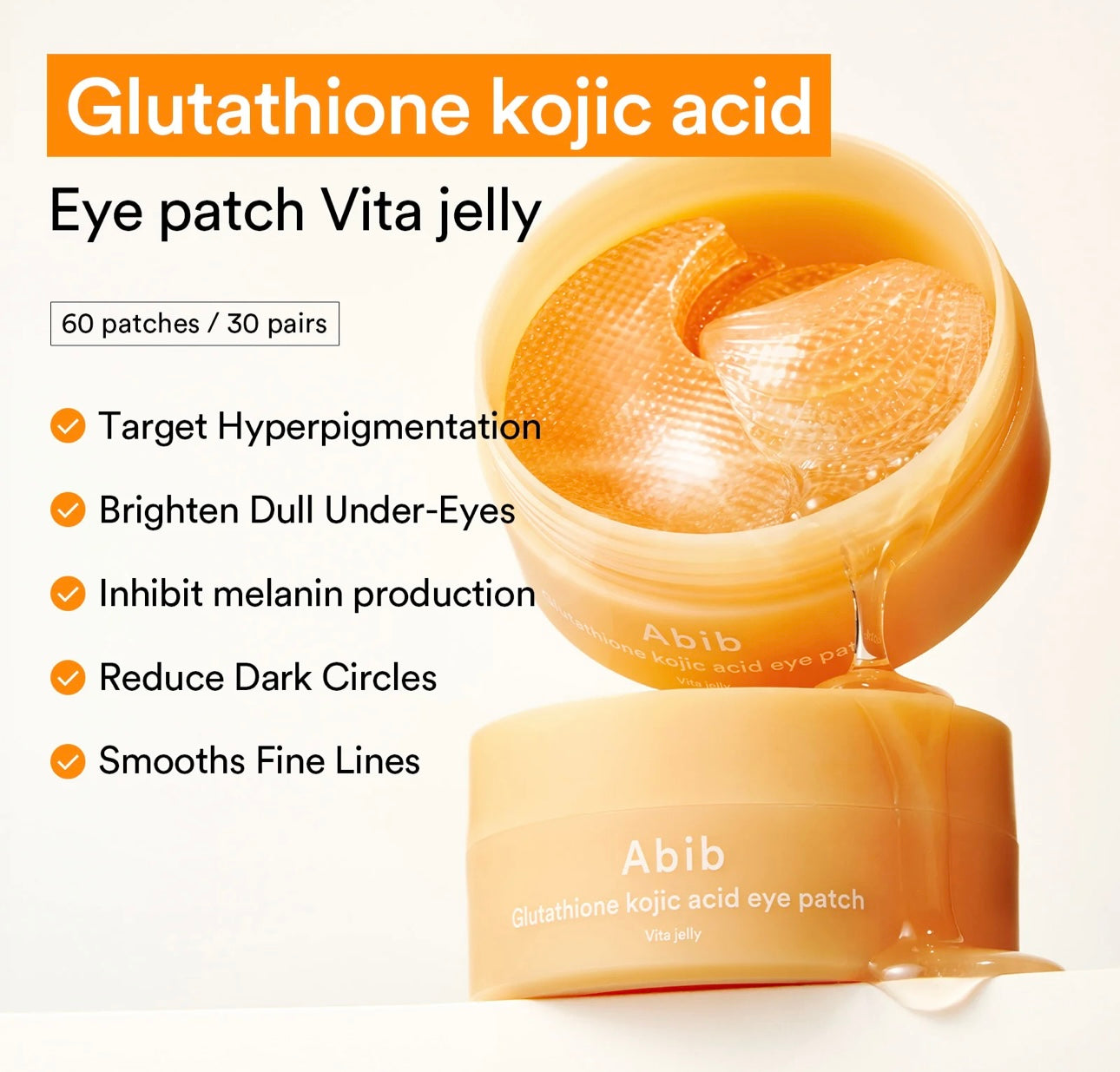 Original packaging of Abib Glutathione Kojic Acid Eye Patch Jelly showing 60 eye patches.