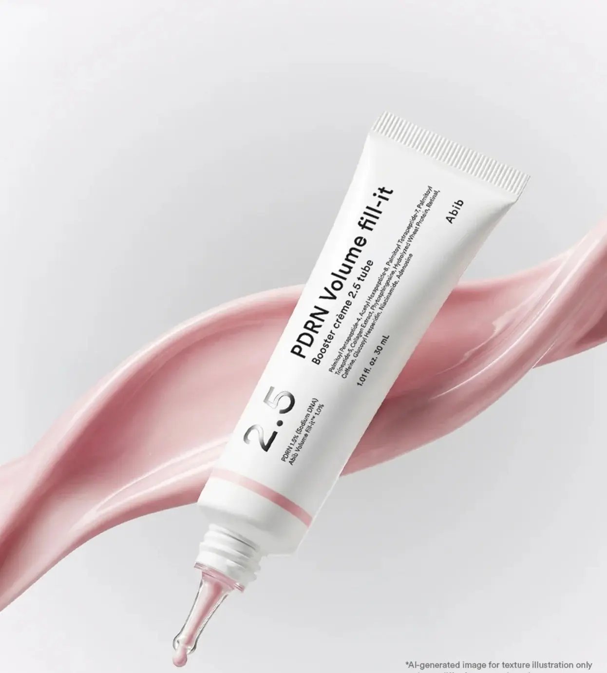 Benefits infographic for Abib PDRN volume fill it crème 2.5 tube showing plump and firm skin results.