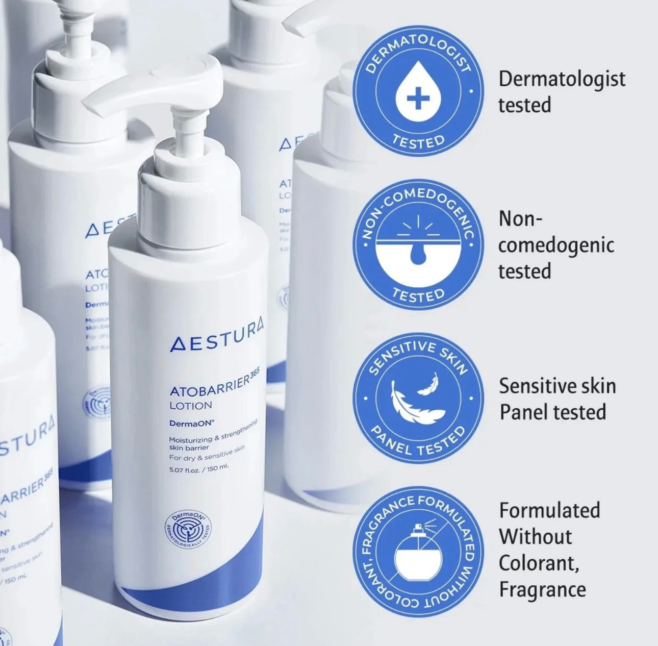 Front and side view of the Aestura Atobarrier 365 Lotion box and bottle.